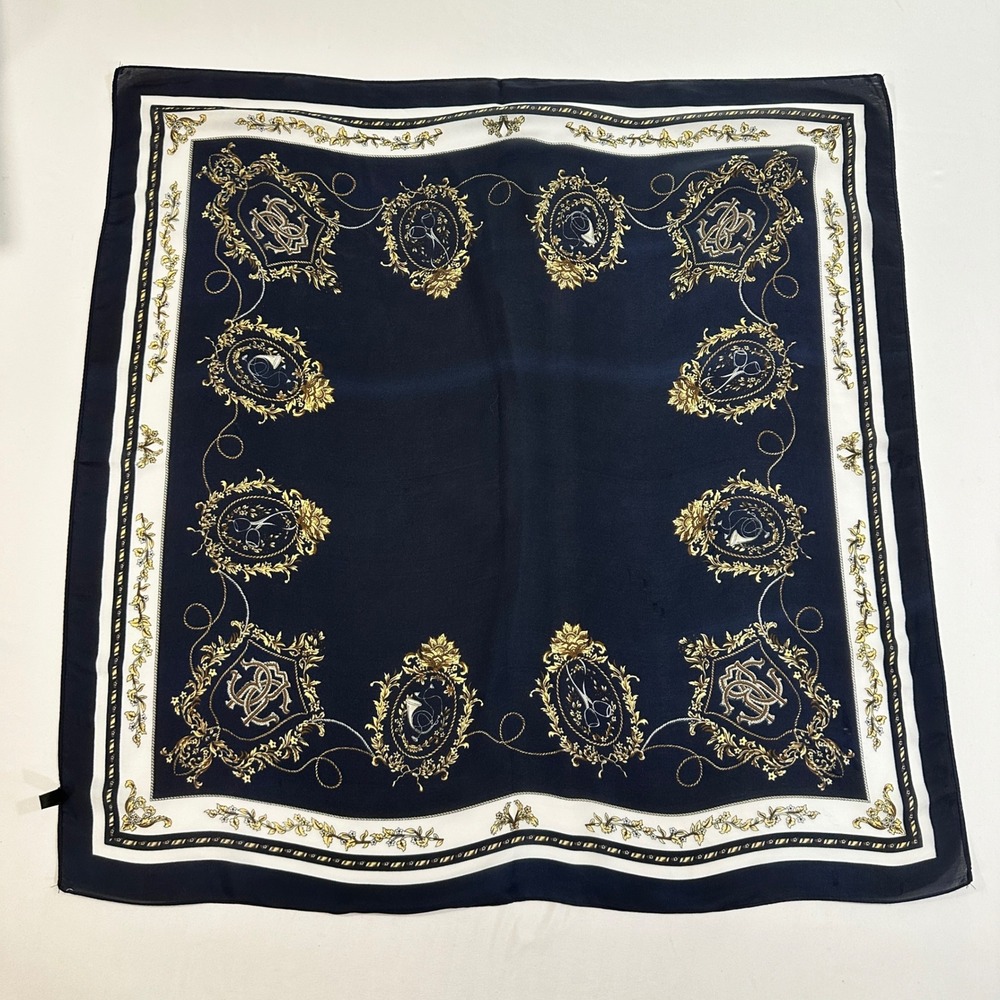 Navy Gold Baroque Square Scarf 27" Ornate Medallion Chain Print Satin Polyester